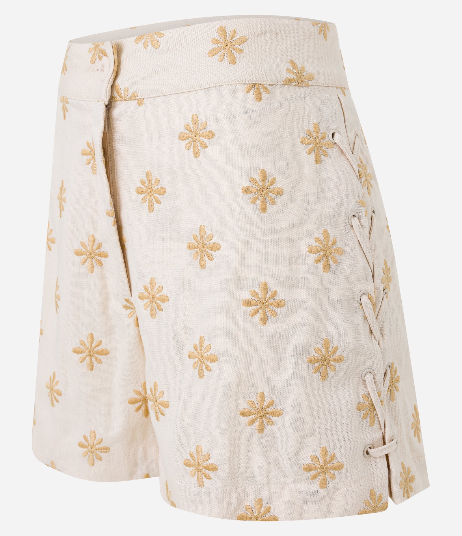 Short Curto em Viscose com Linho e Bordado de Florzinhas Bege 6