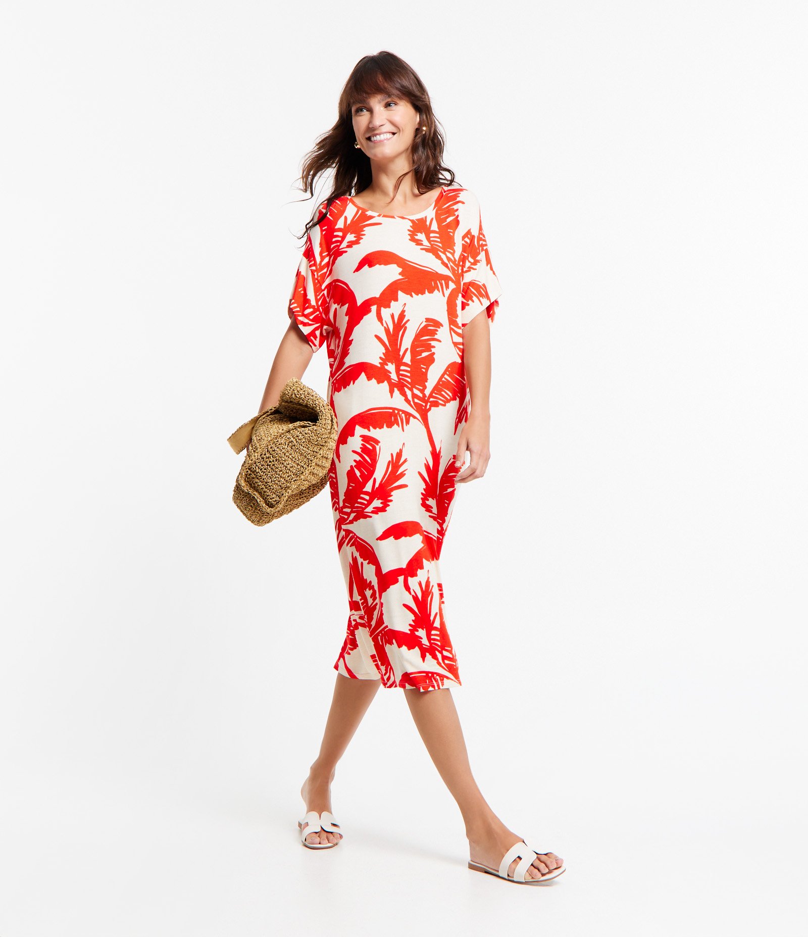 Vestido Midi em Viscose com Estampa Folhagem Tropical Contrastante Laranja/ Off White 1