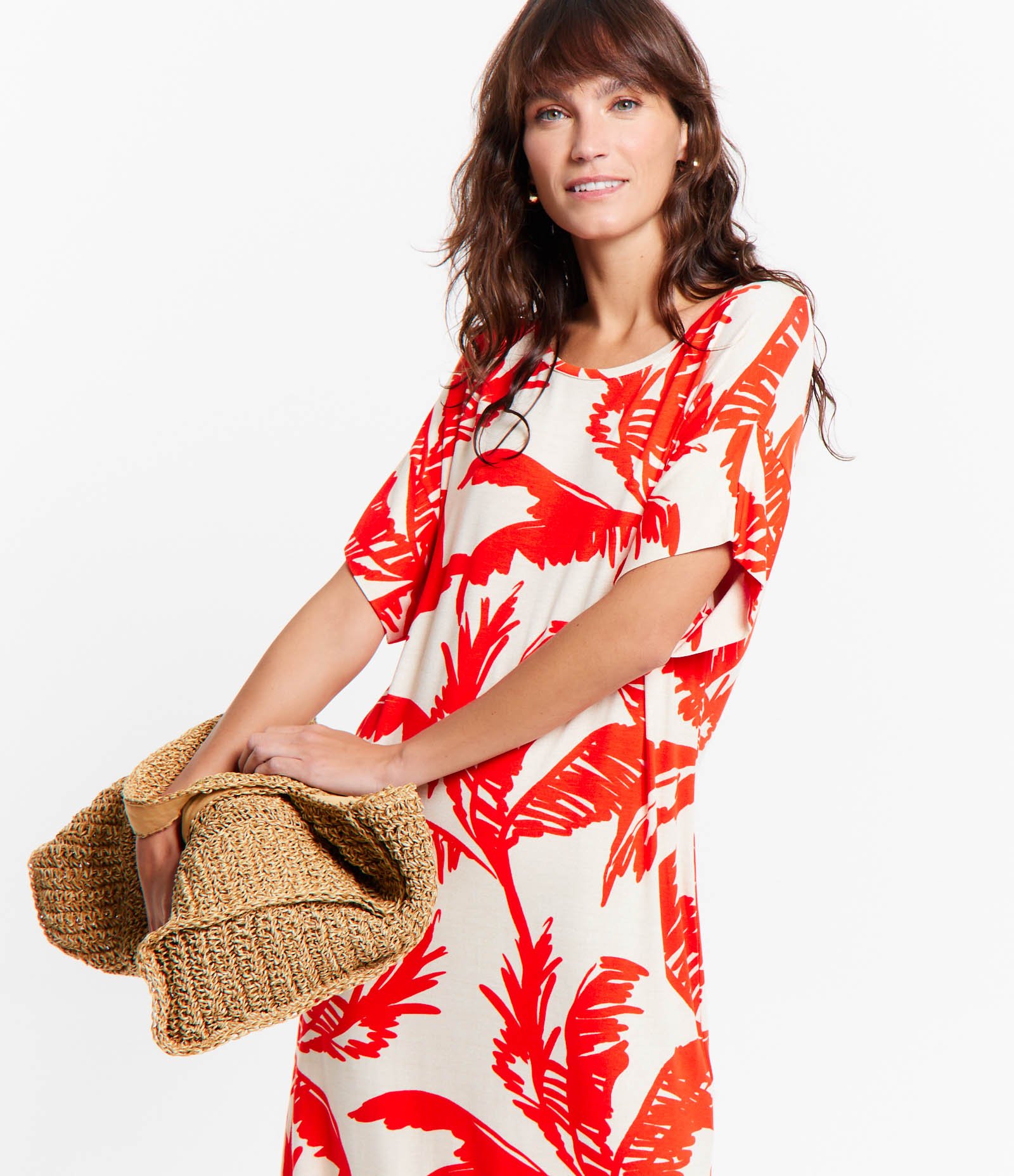 Vestido Midi em Viscose com Estampa Folhagem Tropical Contrastante Laranja/ Off White 2