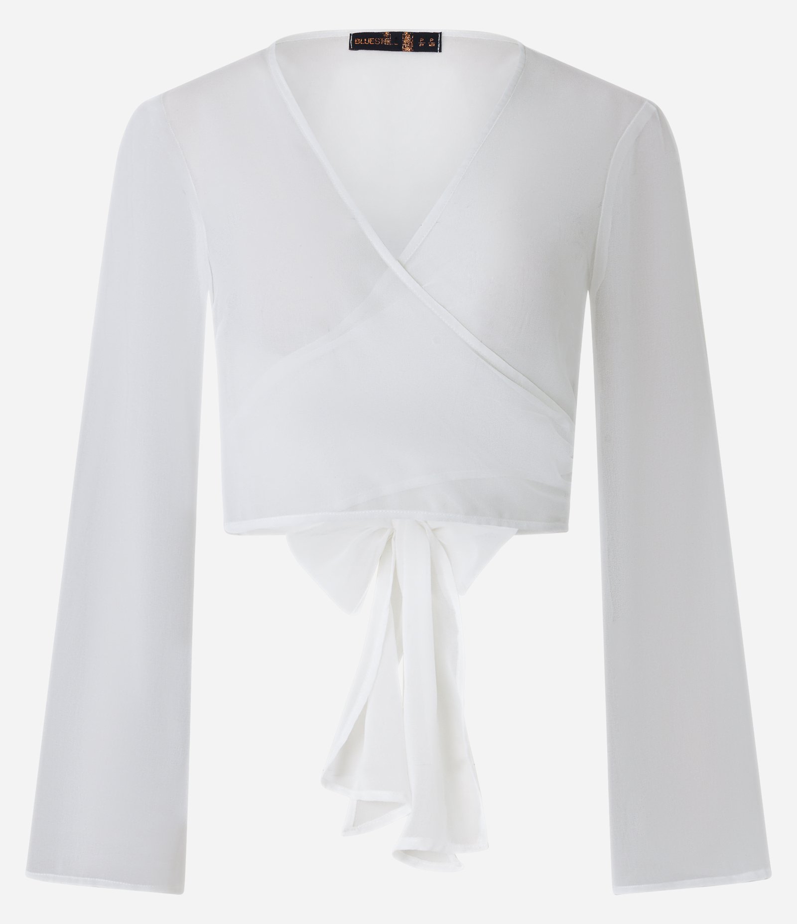 Blusa Cropped Manga Longa em Chiffon com Amarração Branco 5