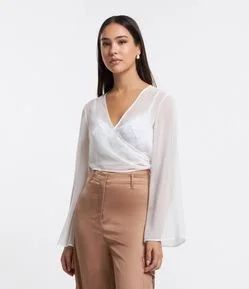 Blusa Cropped Manga Longa em Chiffon com Amarração