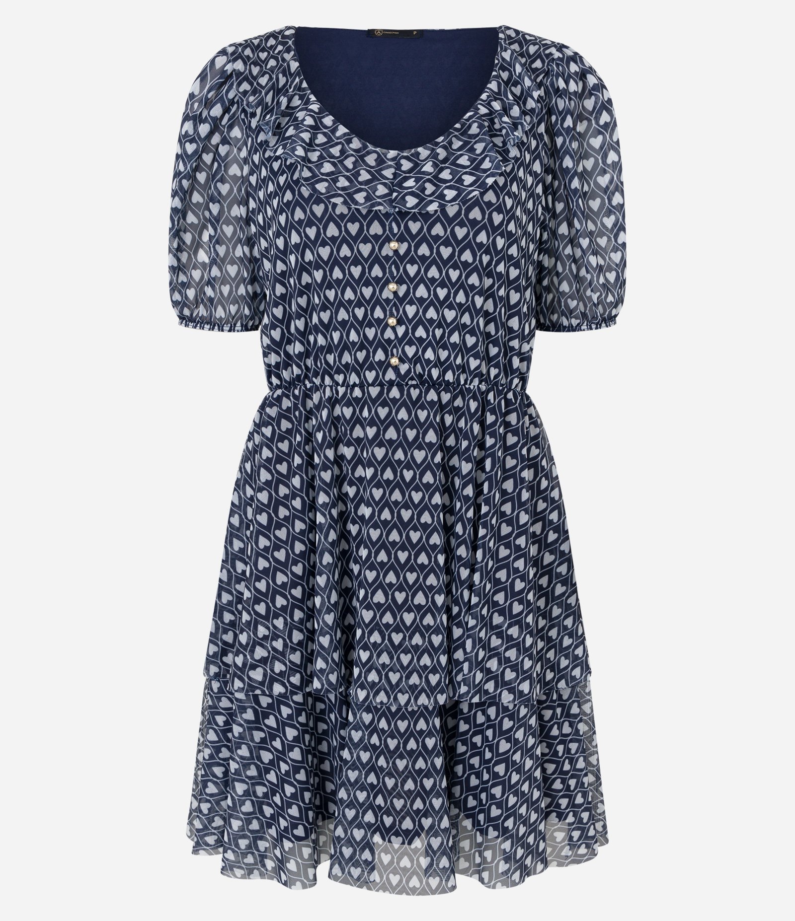 Vestido em Tule com Manga Bufante e Estampa Corações Azul Escuro 5