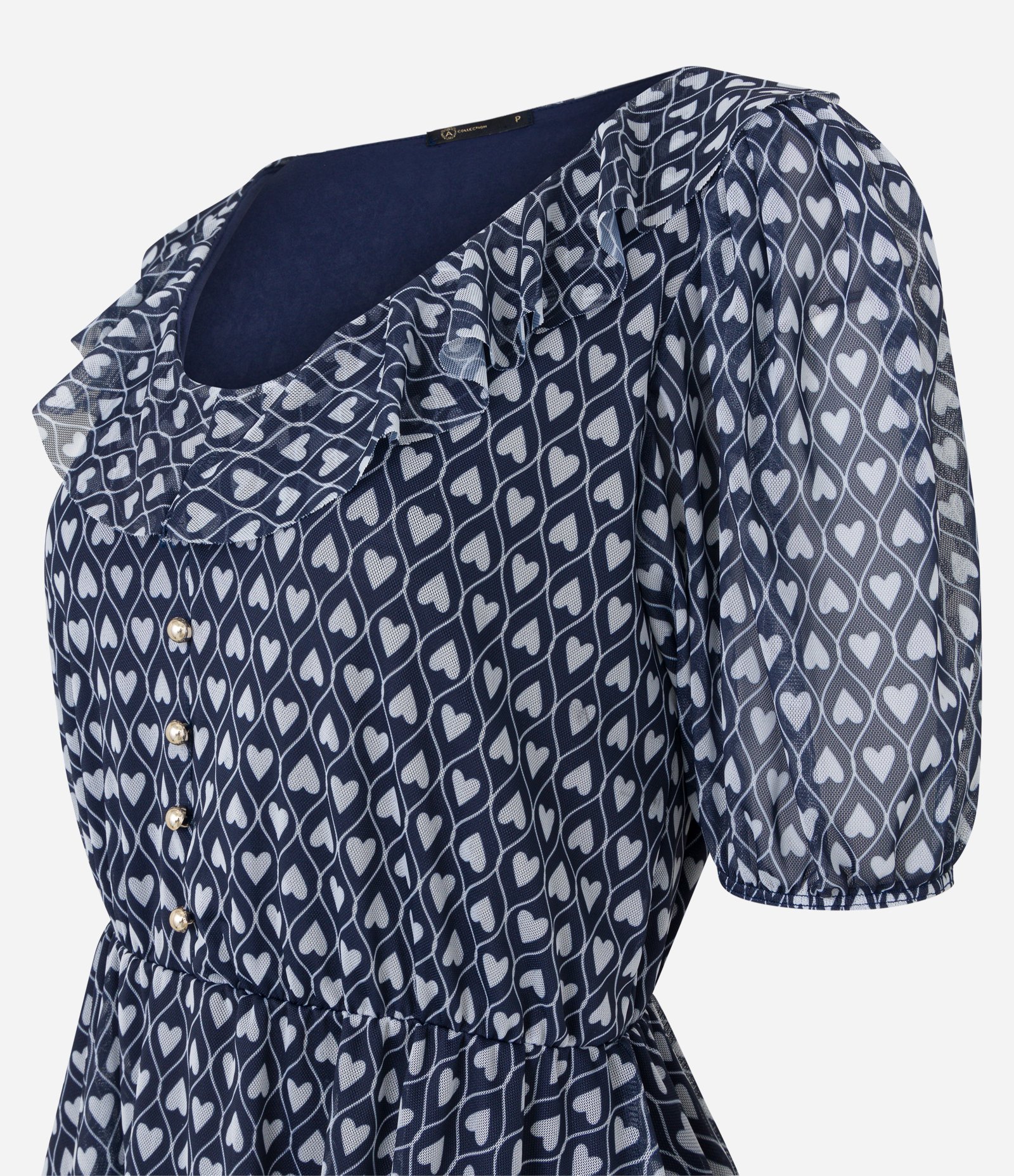 Vestido em Tule com Manga Bufante e Estampa Corações Azul Escuro 6