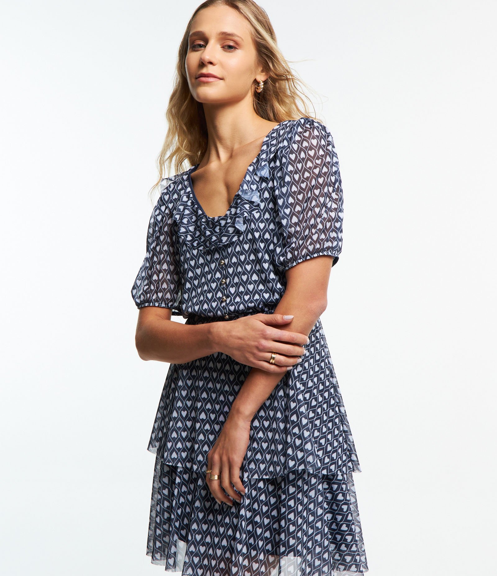 Vestido em Tule com Manga Bufante e Estampa Corações Azul Escuro 1