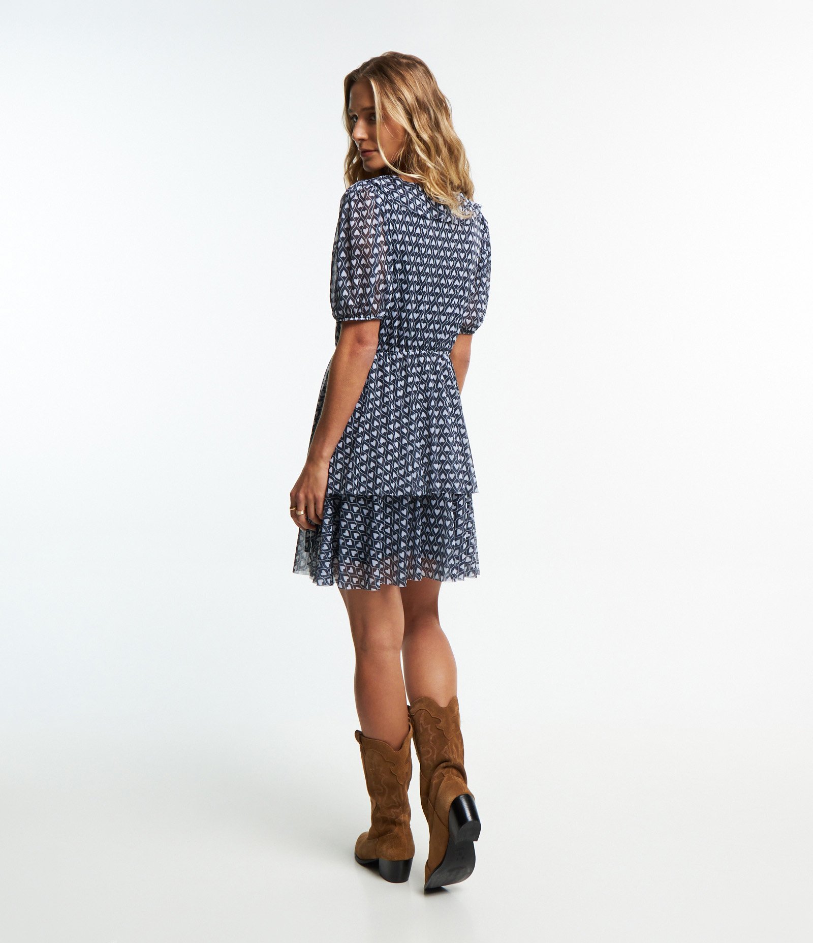Vestido em Tule com Manga Bufante e Estampa Corações Azul Escuro 4