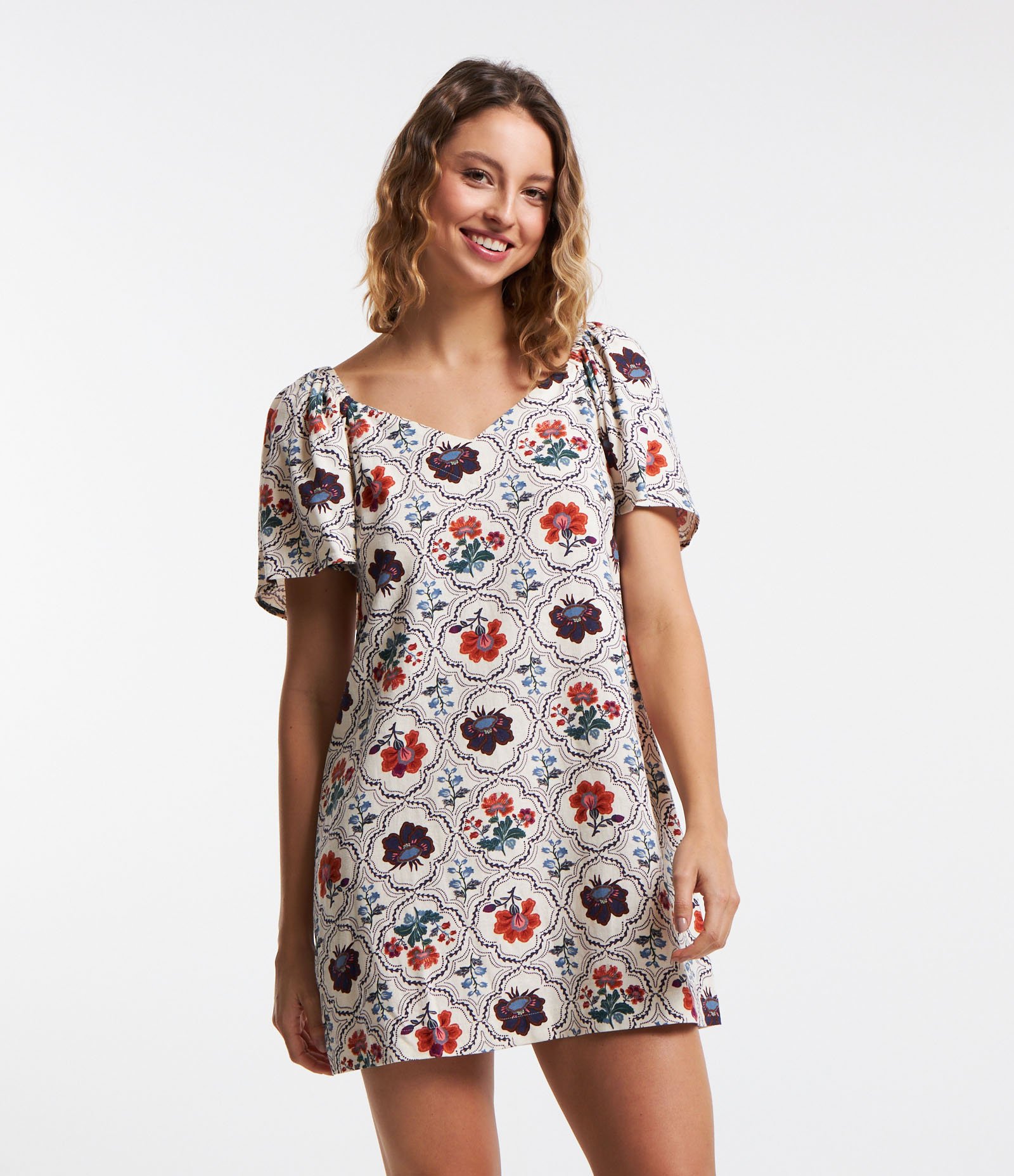 Vestido Curto em Viscose com Linho Manga Ampla e Estampa Floral Bege 1