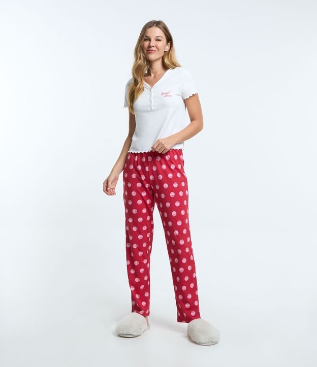 Pijama Longo em Algodão com Frufrus e Morangos Estampados
