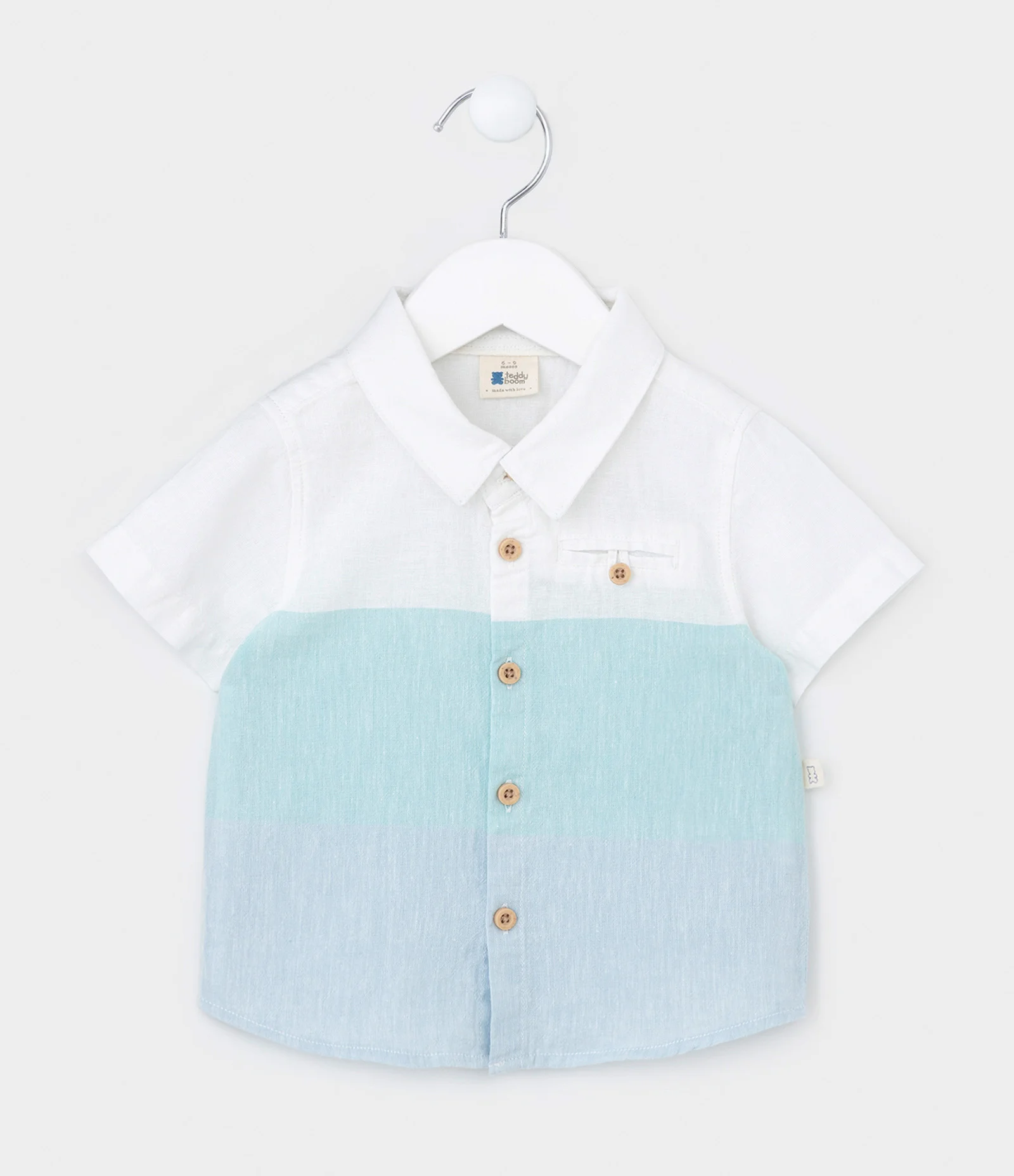 Camisa Infantil em Linho com Bloco de Cor e Bolsinho - Tam 0 a 18 meses Branco/Azul 1