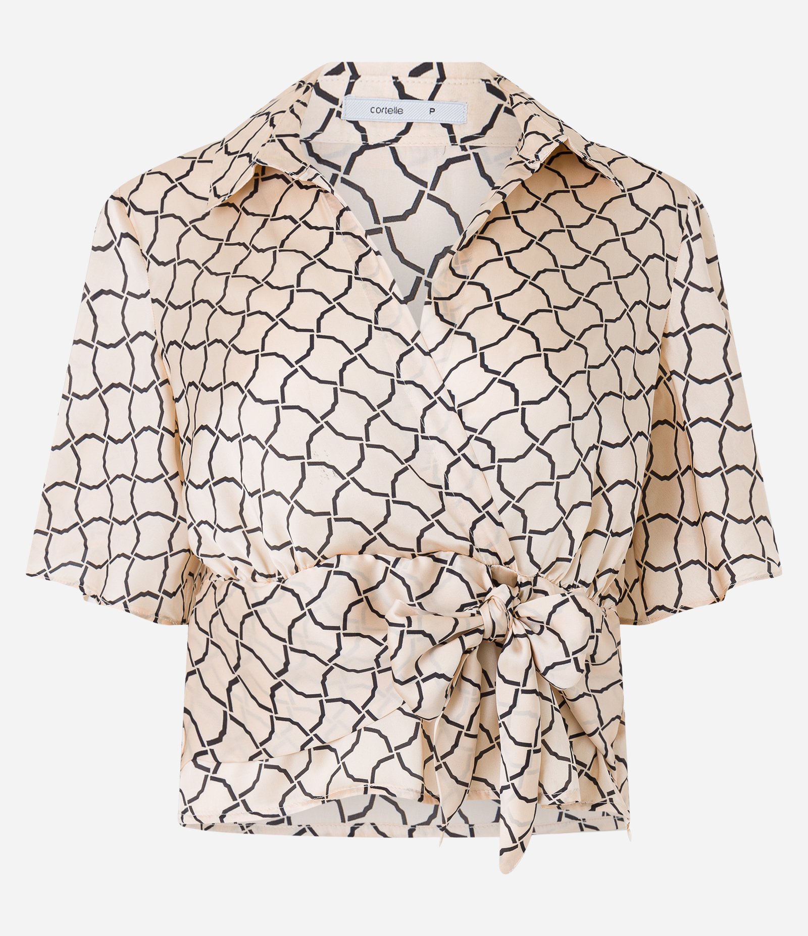 Blusa em Tecido Acetinado com Amarração e Estampa Geométrica Bege 5