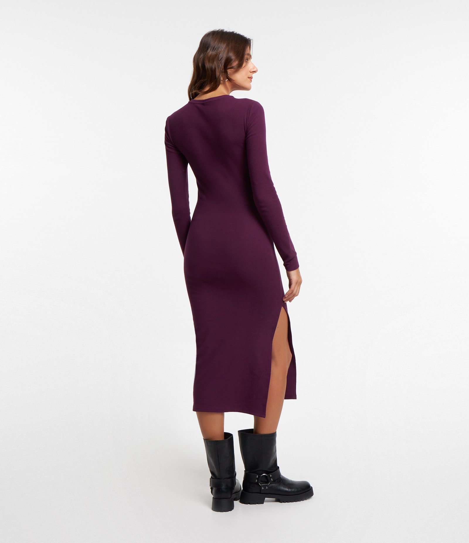 Vestido Midi Básico em Ribana com Manga Longa e Fenda 3