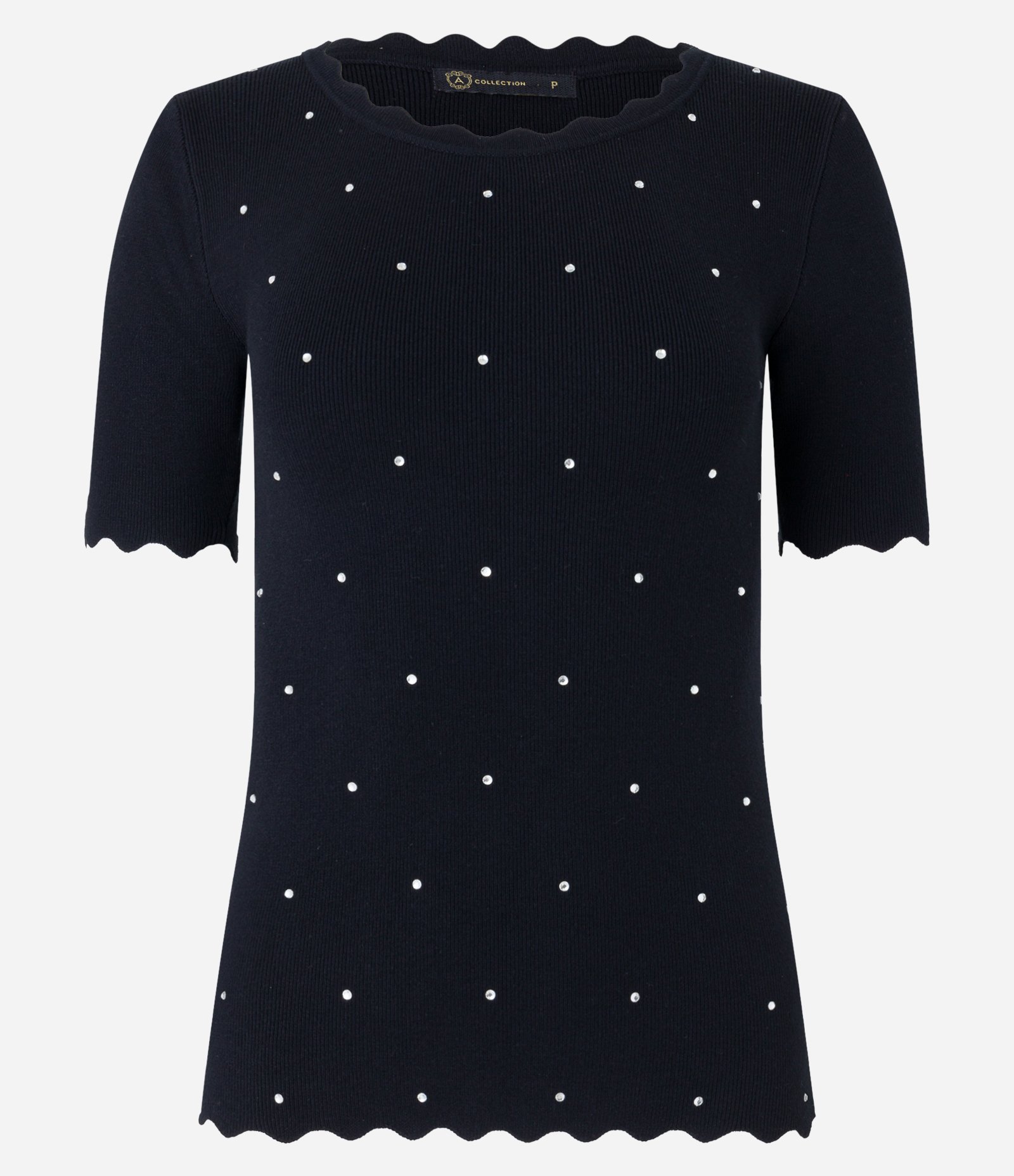 Blusa T-shirt em Tricô com Aplicações e Acabamento Ondulado Preto 7