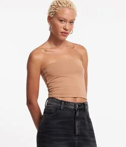 Blusa Cropped em Meia Malha e Decote Tomara que Caia