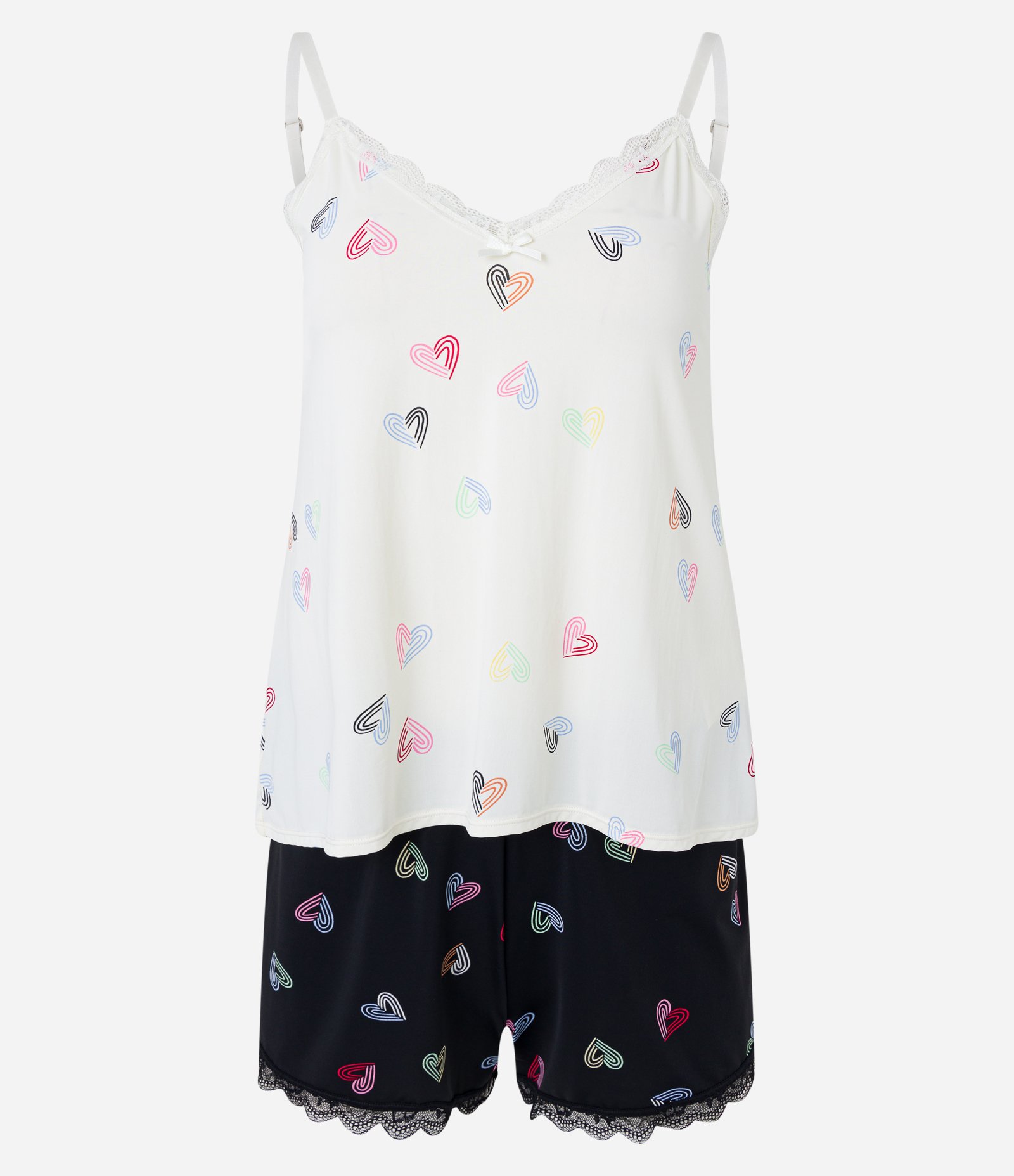 Pijama Short Doll Alcinha em Poliamida com Renda e Estampa Mini Corações Branco/ Preto 5