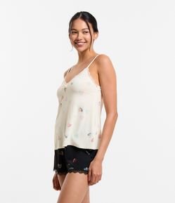 Pijama Short Doll Alcinha em Poliamida com Renda e Estampa Mini Corações