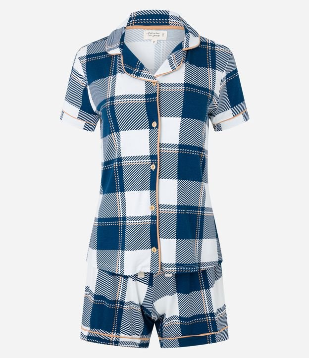 Pijama Americano Curto em Viscose com Estampa Xadrez Azul 5
