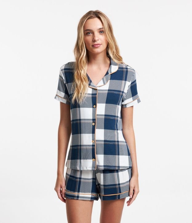 Pijama Americano Curto em Viscose com Estampa Xadrez Azul 1