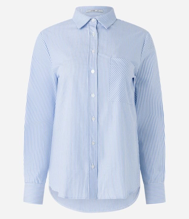 Camisa Básica em Tricoline com Estampa Listrada em Fio Tinto Azul/ Branco 6