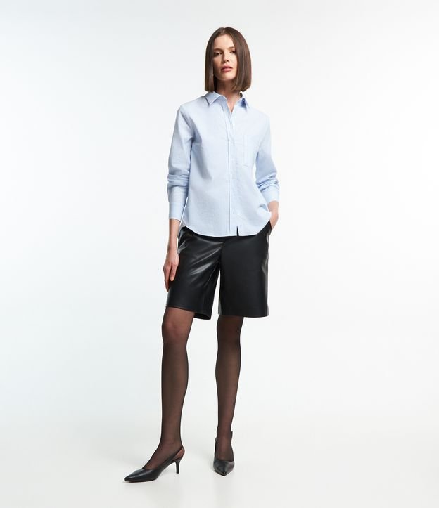 Camisa Básica em Tricoline com Estampa Listrada em Fio Tinto Azul/ Branco 2