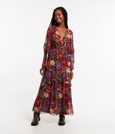 Vestido New Midi em Tule com Estampa Floral e Babados Menor preço em Vestido New Midi em Tule com Estampa Floral e Babados