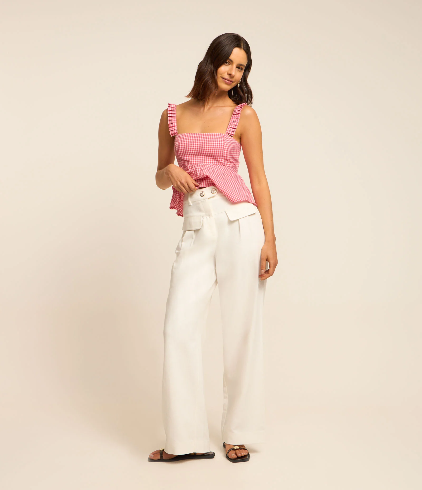Calça Wide Leg em Alfaiataria com Cós Transpassado e Pala com Lapela Branco 1