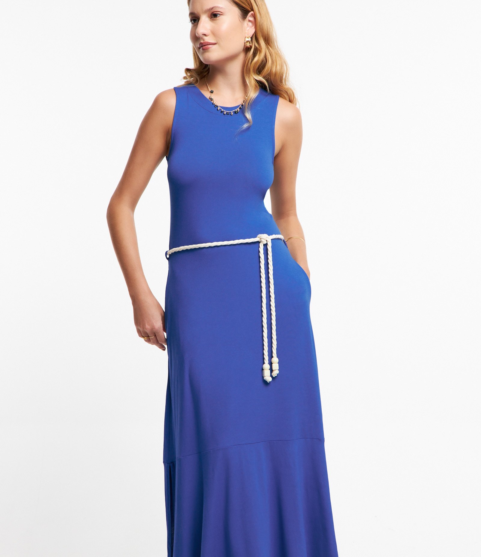 Vestido Midi em Viscose com Cinto Corda Azul 1