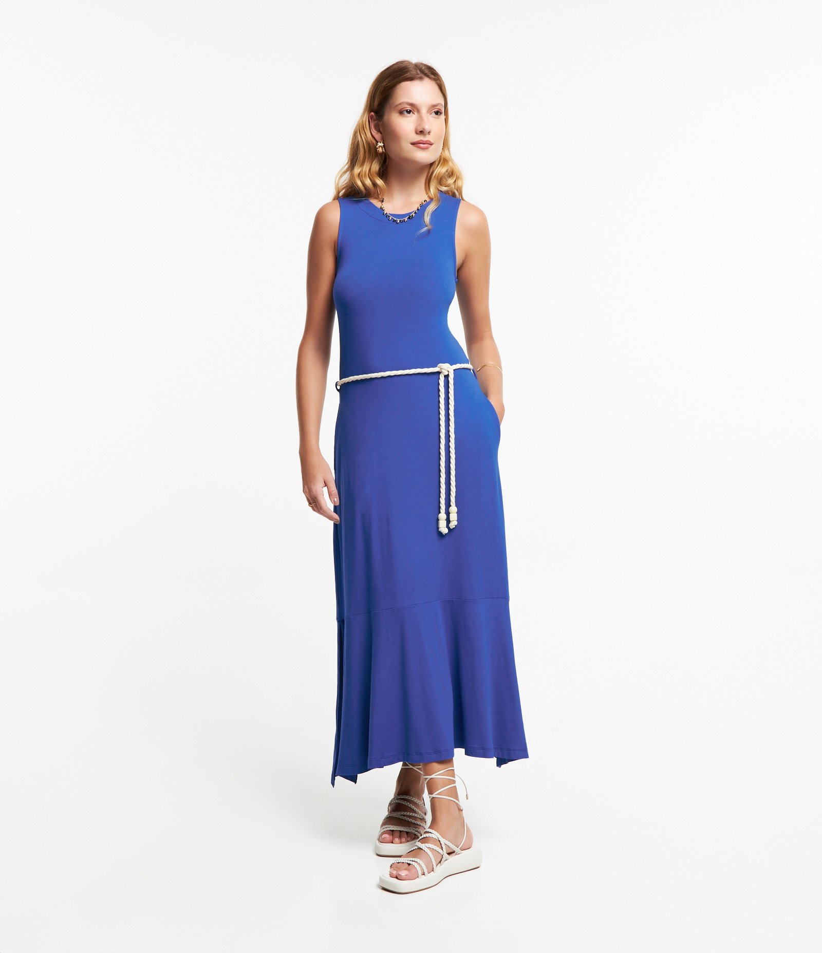 Vestido Midi em Viscose com Cinto Corda Azul 3