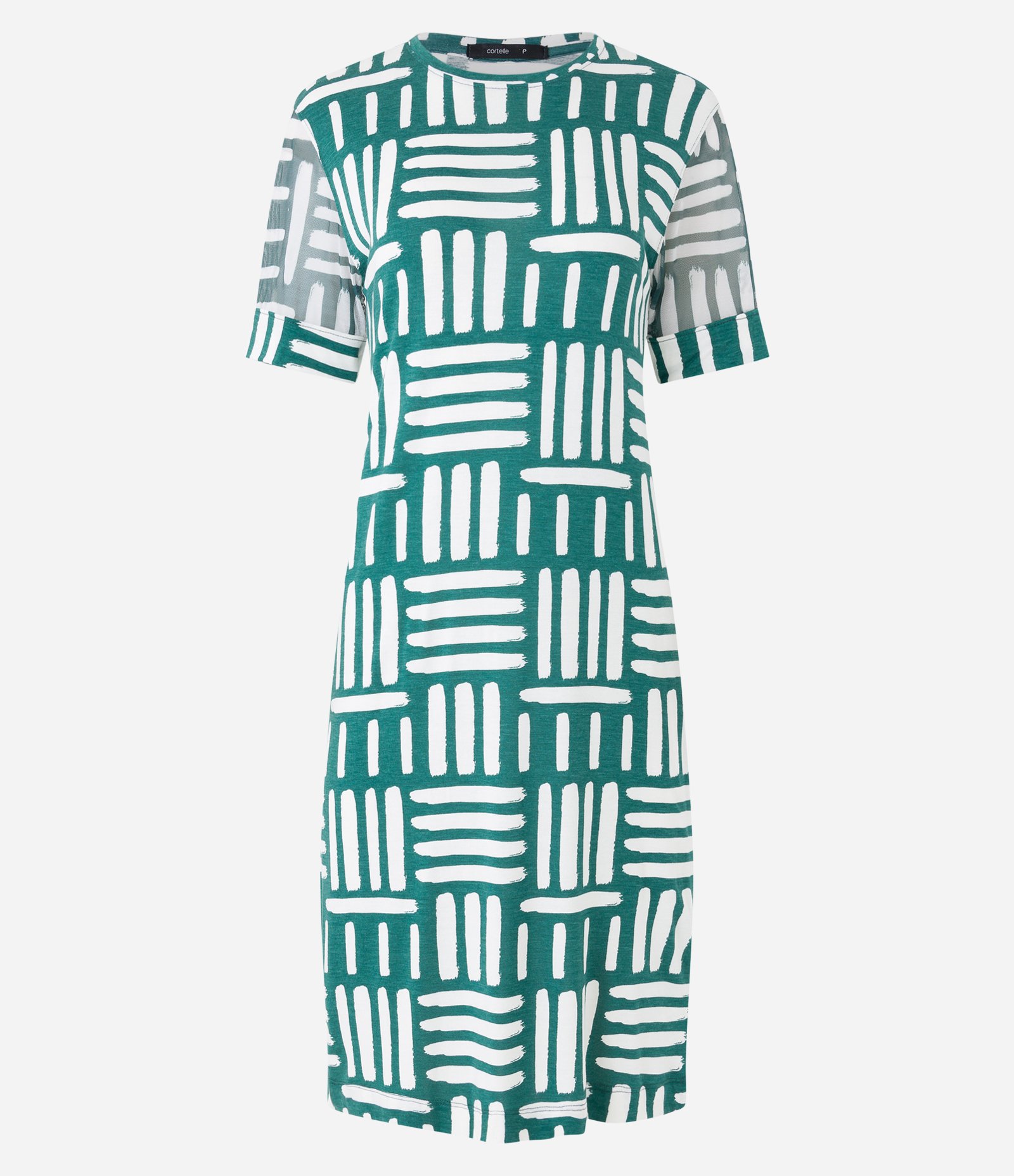 Vestido em Viscose com Tule na Manga e Estampa Abstrata Verde/ Branco 5