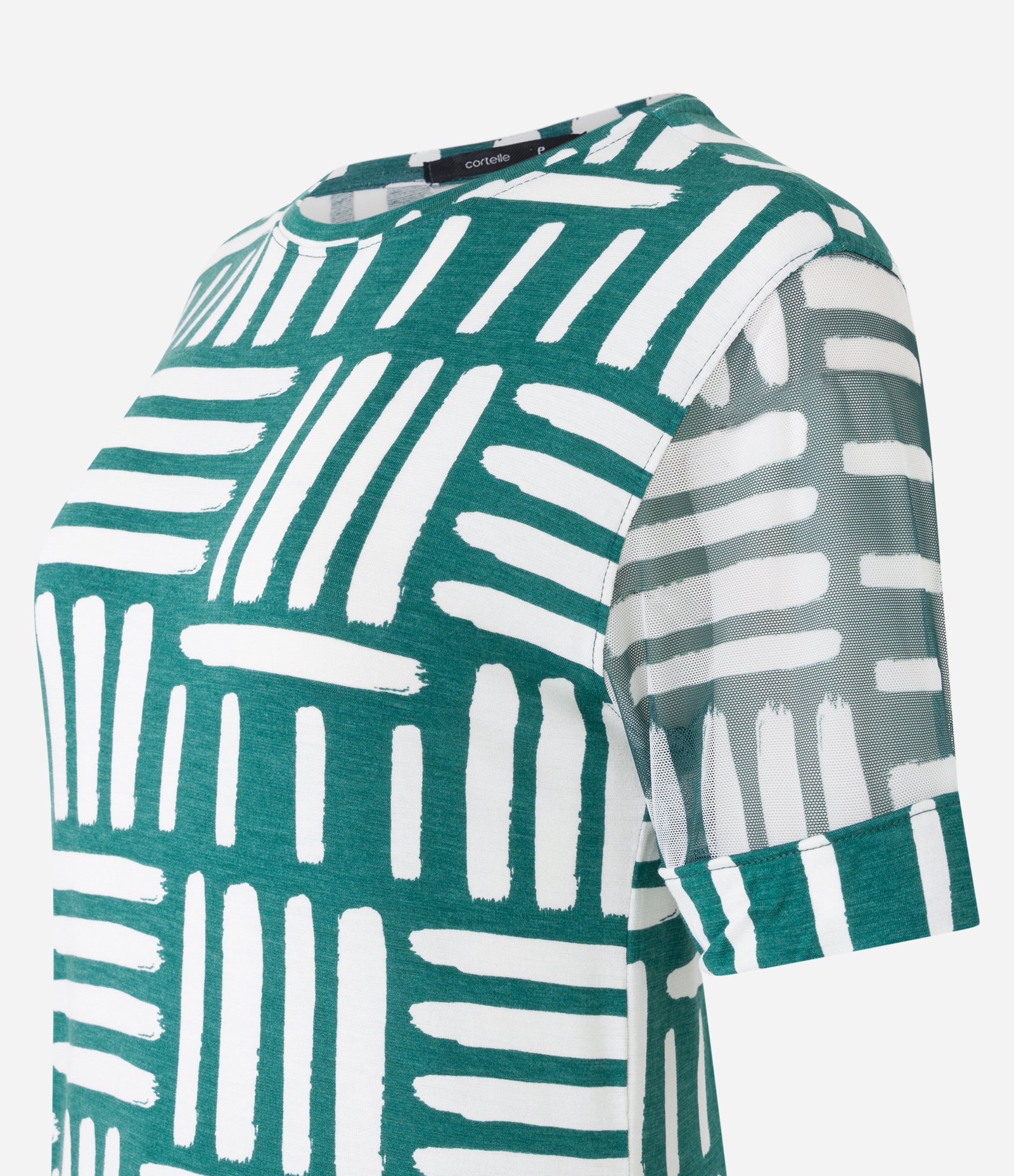 Vestido em Viscose com Tule na Manga e Estampa Abstrata Verde/ Branco 6