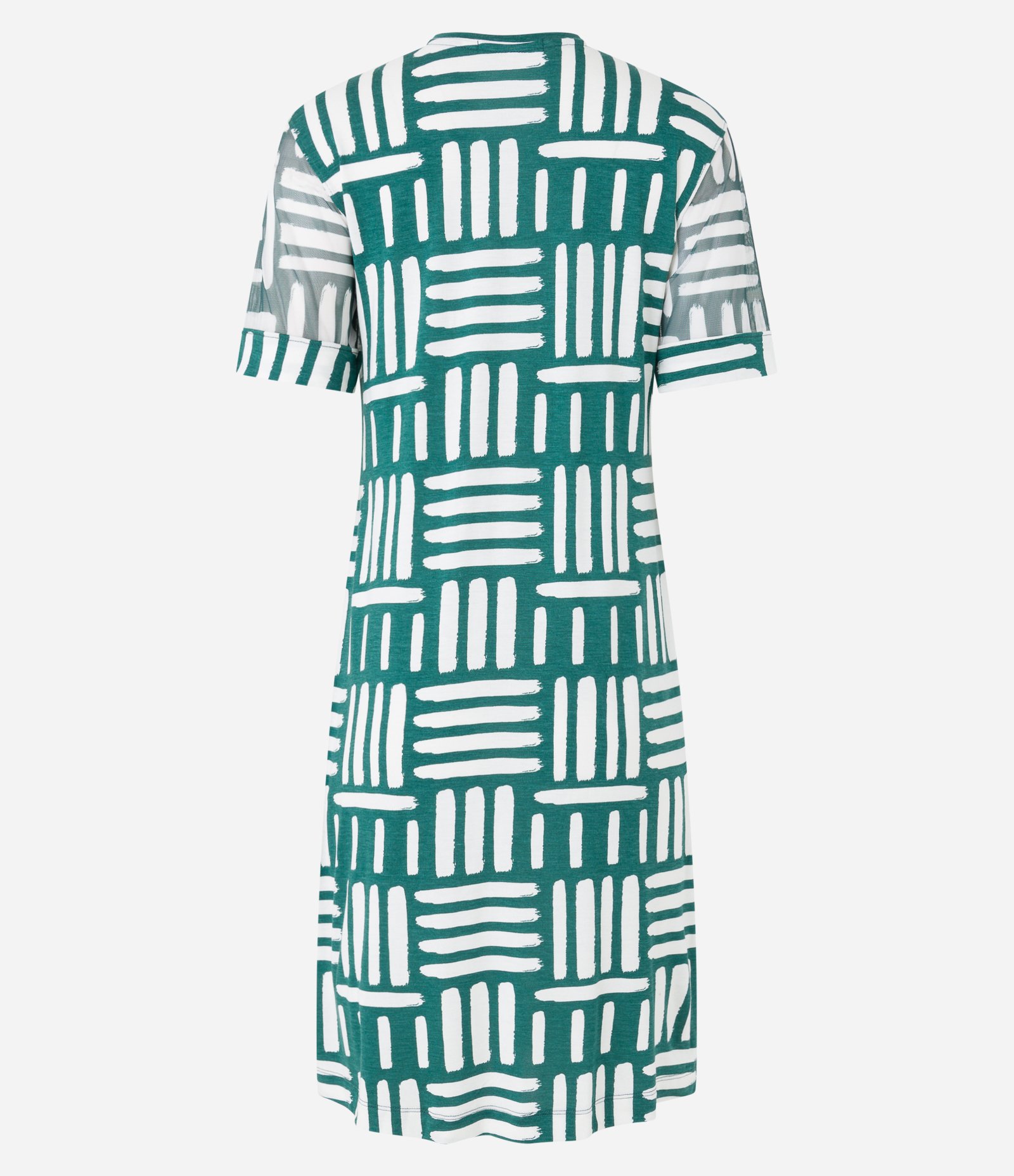 Vestido em Viscose com Tule na Manga e Estampa Abstrata Verde/ Branco 7