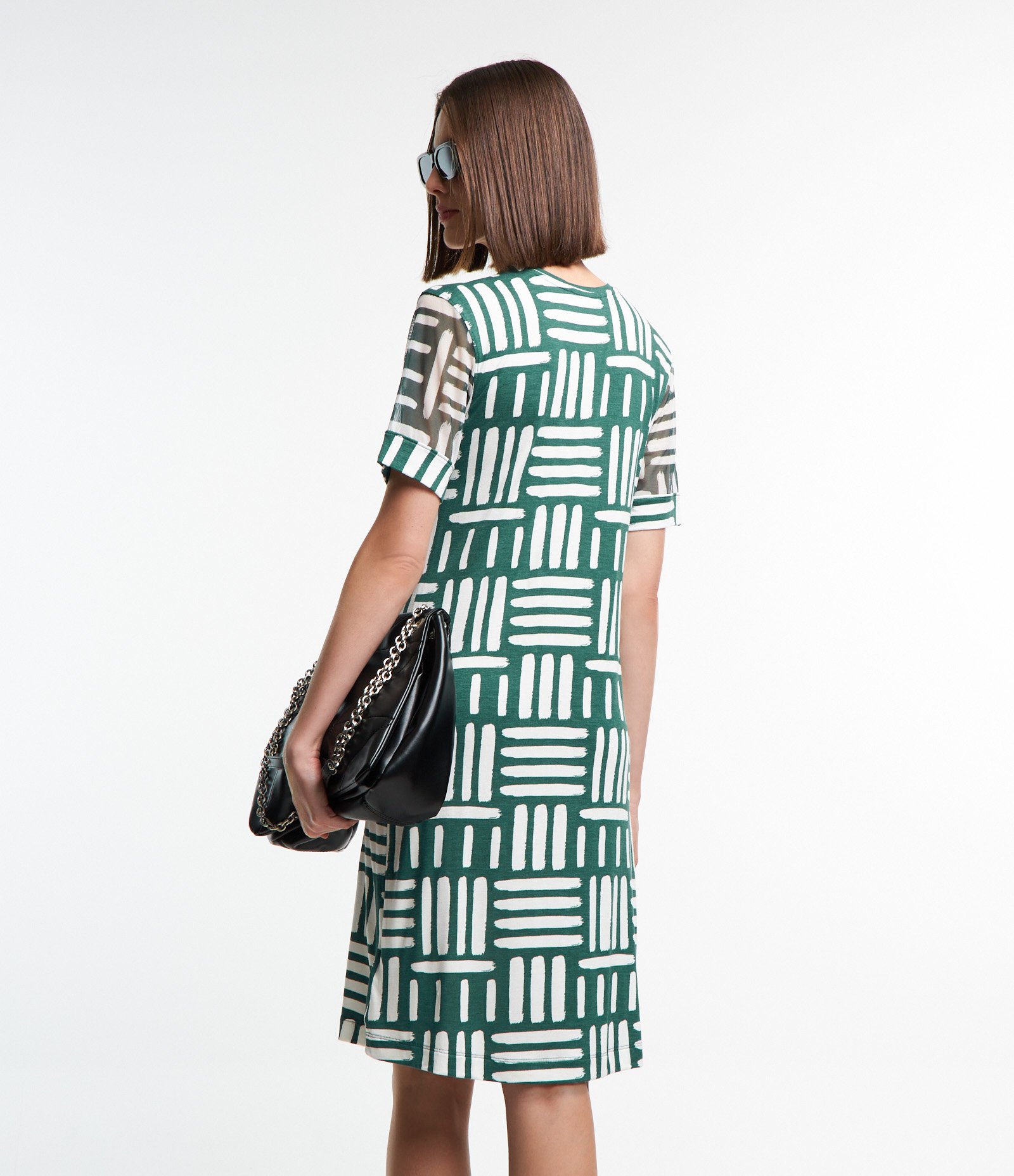 Vestido em Viscose com Tule na Manga e Estampa Abstrata Verde/ Branco 4
