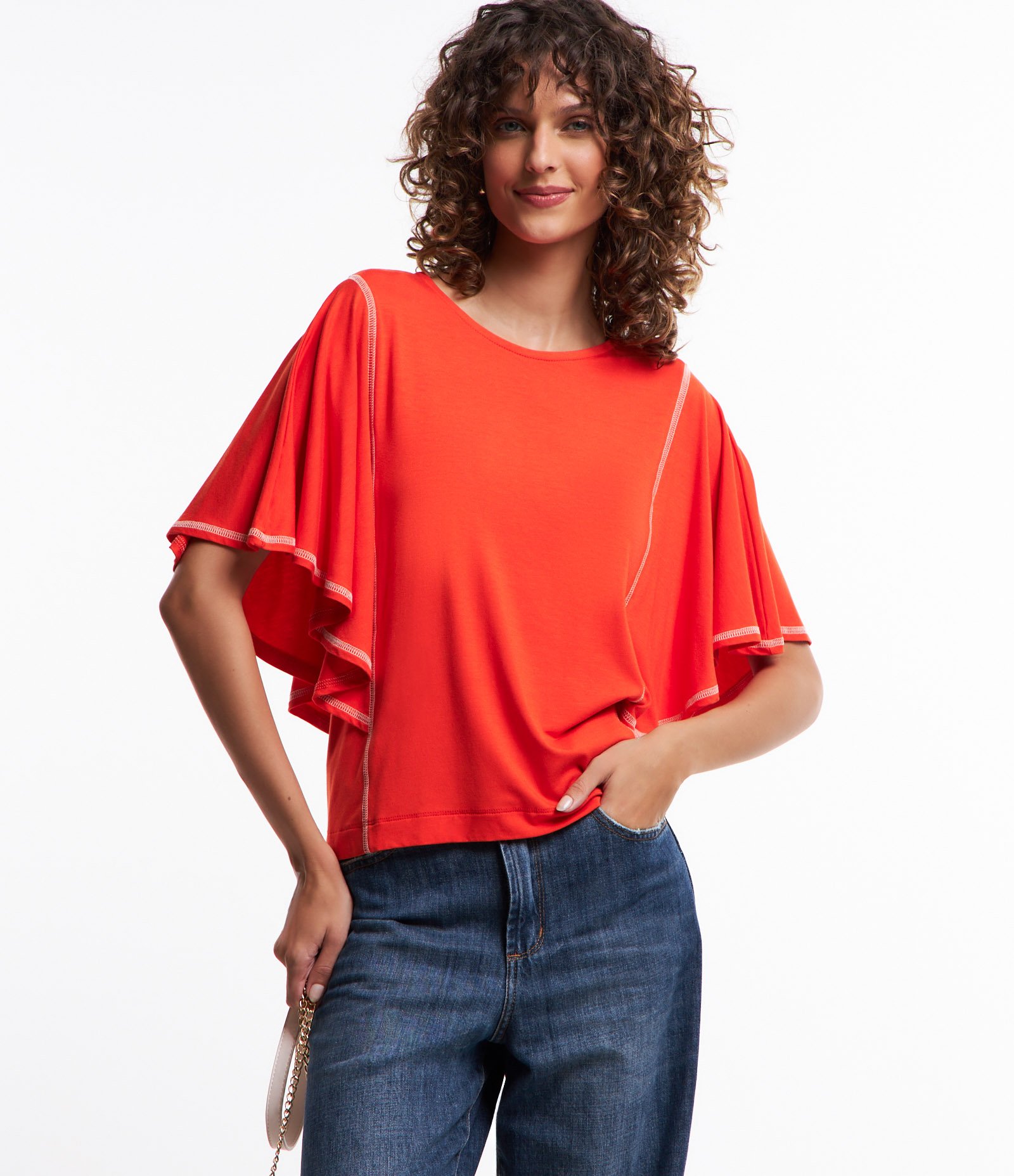 Blusa em Viscose com Manga Ampla e Detalhe Pespontado Laranja 3
