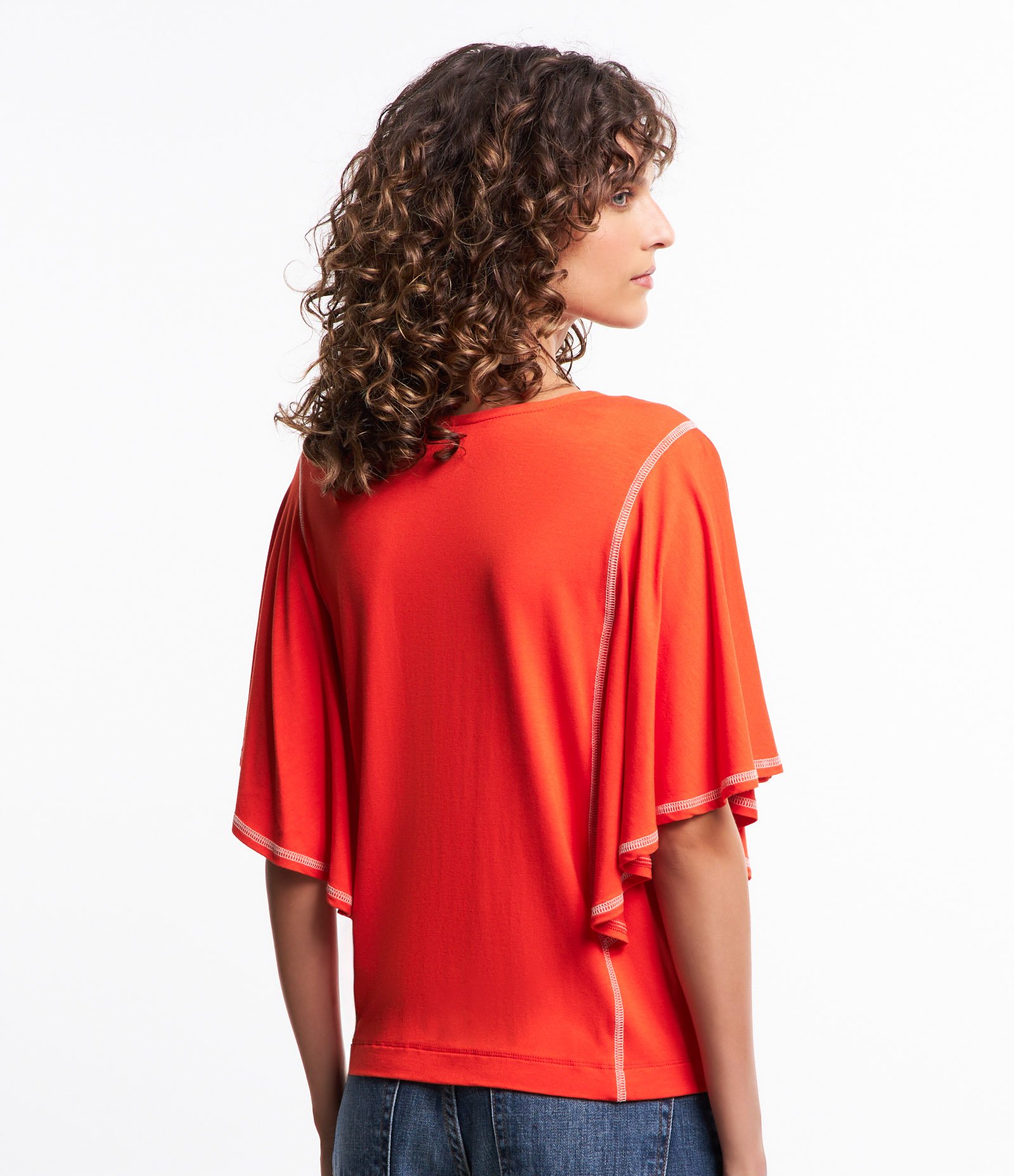 Blusa em Viscose com Manga Ampla e Detalhe Pespontado Laranja 4