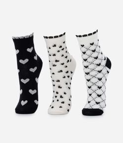 Kit 03 Pares de Meias Infantis com Estampa de Corações - Tam 19 ao 34