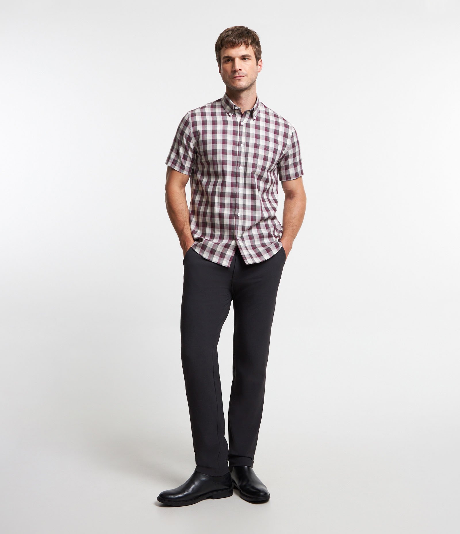Camisa em Tricoline Mercerizado com Estampa Xadrez Vermelho/ Cinza 2