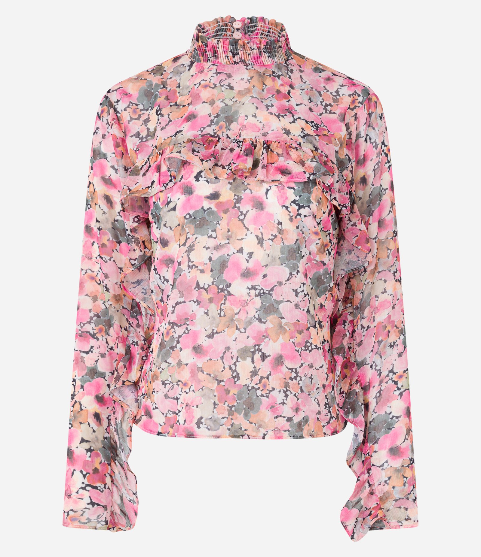 Blusa em Chiffon com Babados e Estampa Floral Rosa 6