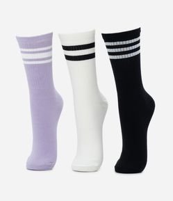 Kit 03 Meias Cano Alto Sem Costura com Estampa de  Listras