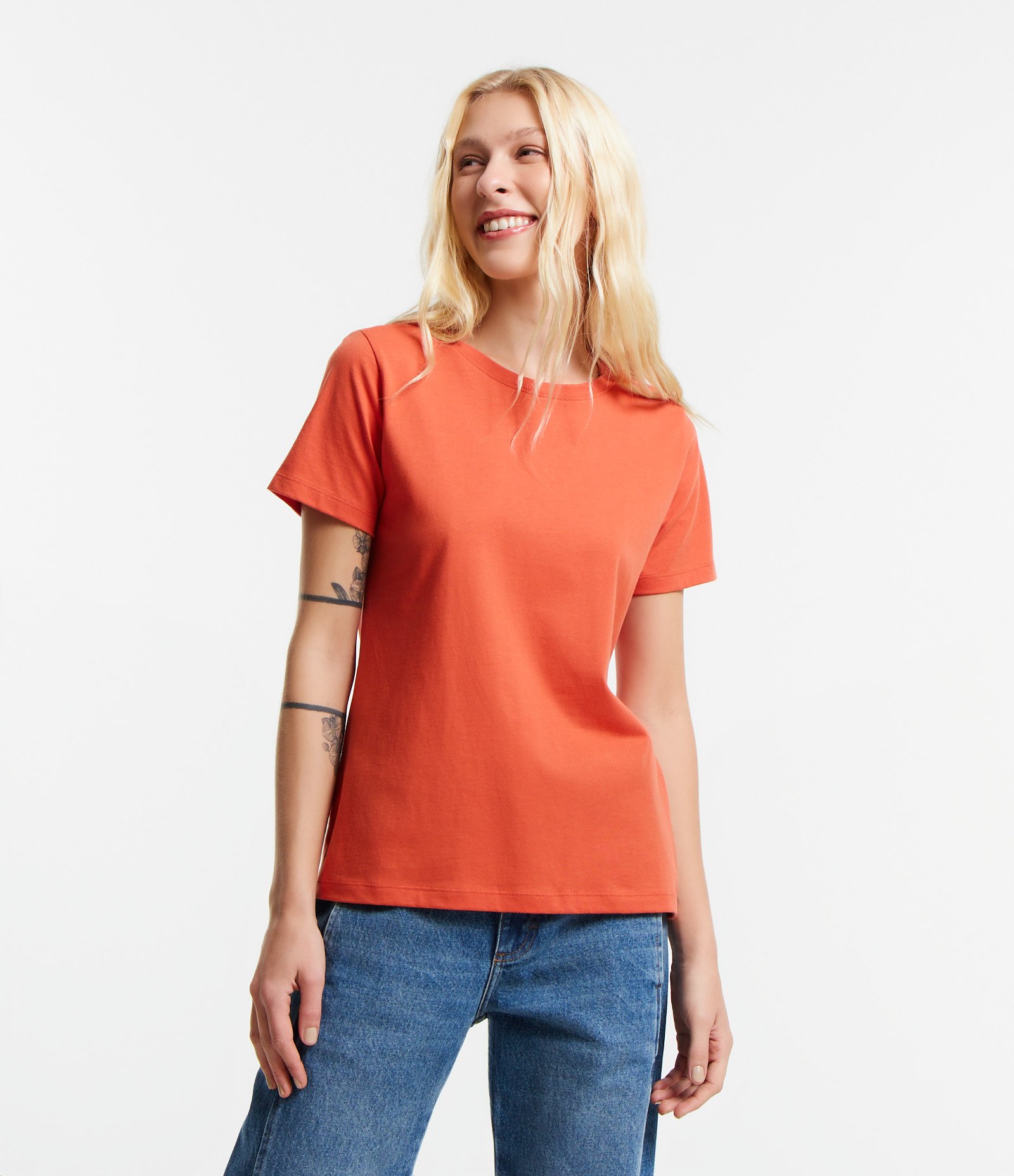 Camiseta Básica em Algodão com Manga Curta Laranja Coral 1