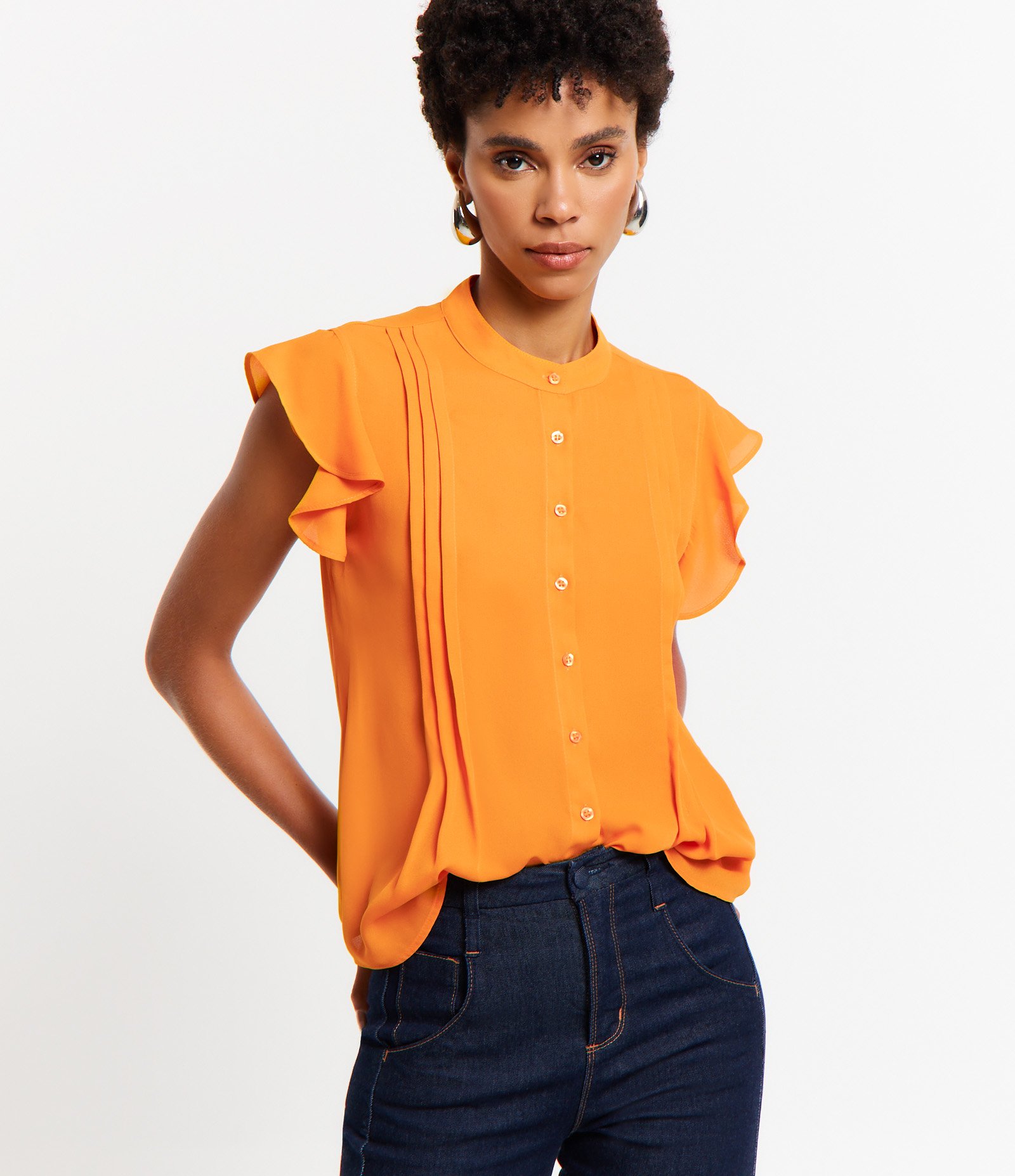 Camisa Sem Manga em Crepe com Babados e Pregas Laranja 1