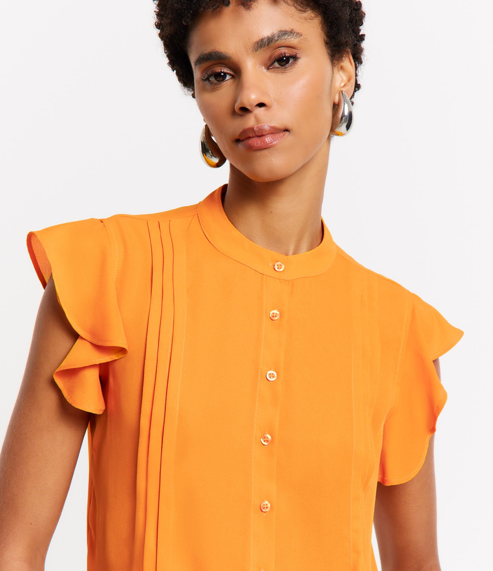 Camisa Sem Manga em Crepe com Babados e Pregas Laranja 3