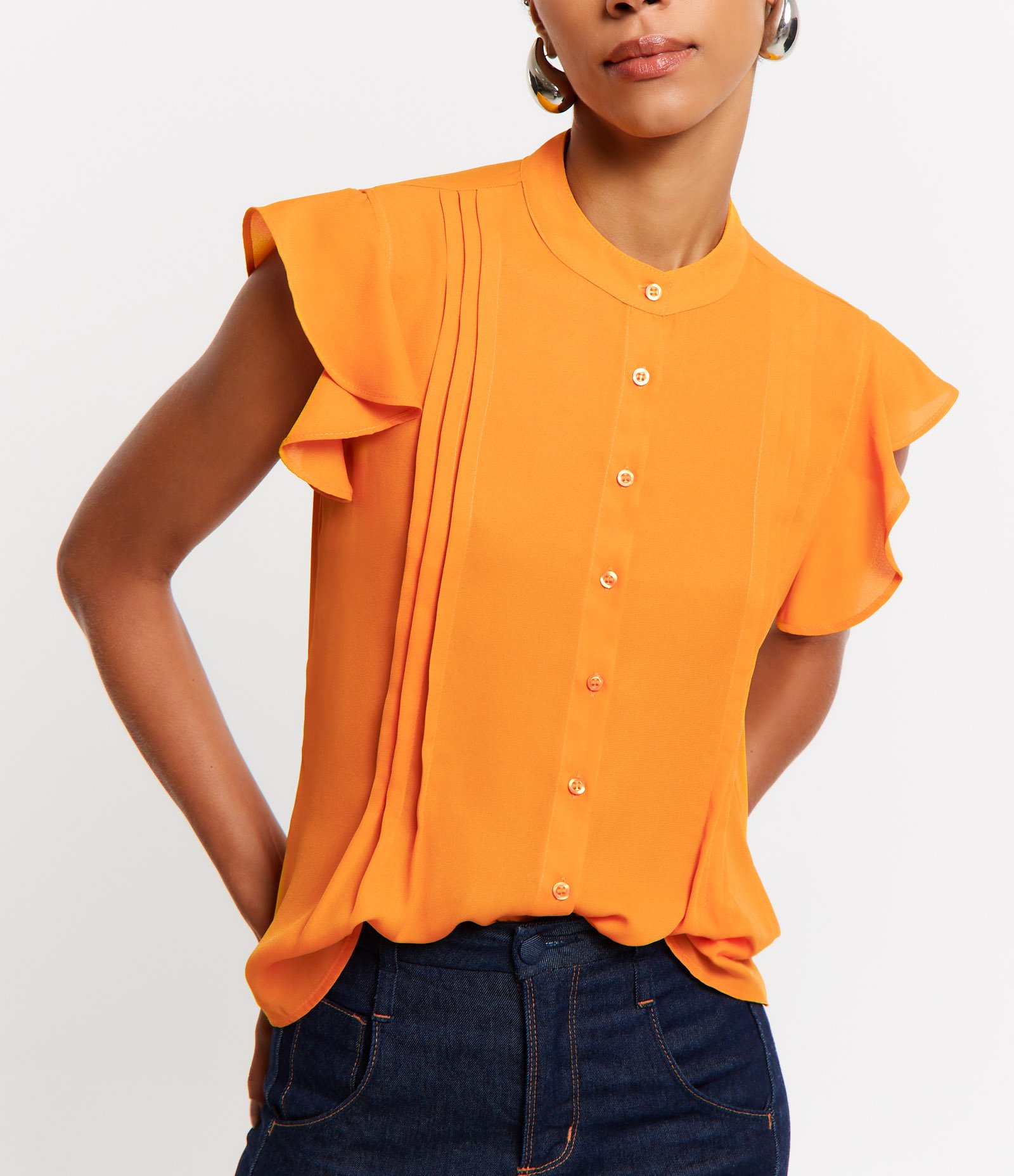 Camisa Sem Manga em Crepe com Babados e Pregas Laranja 4