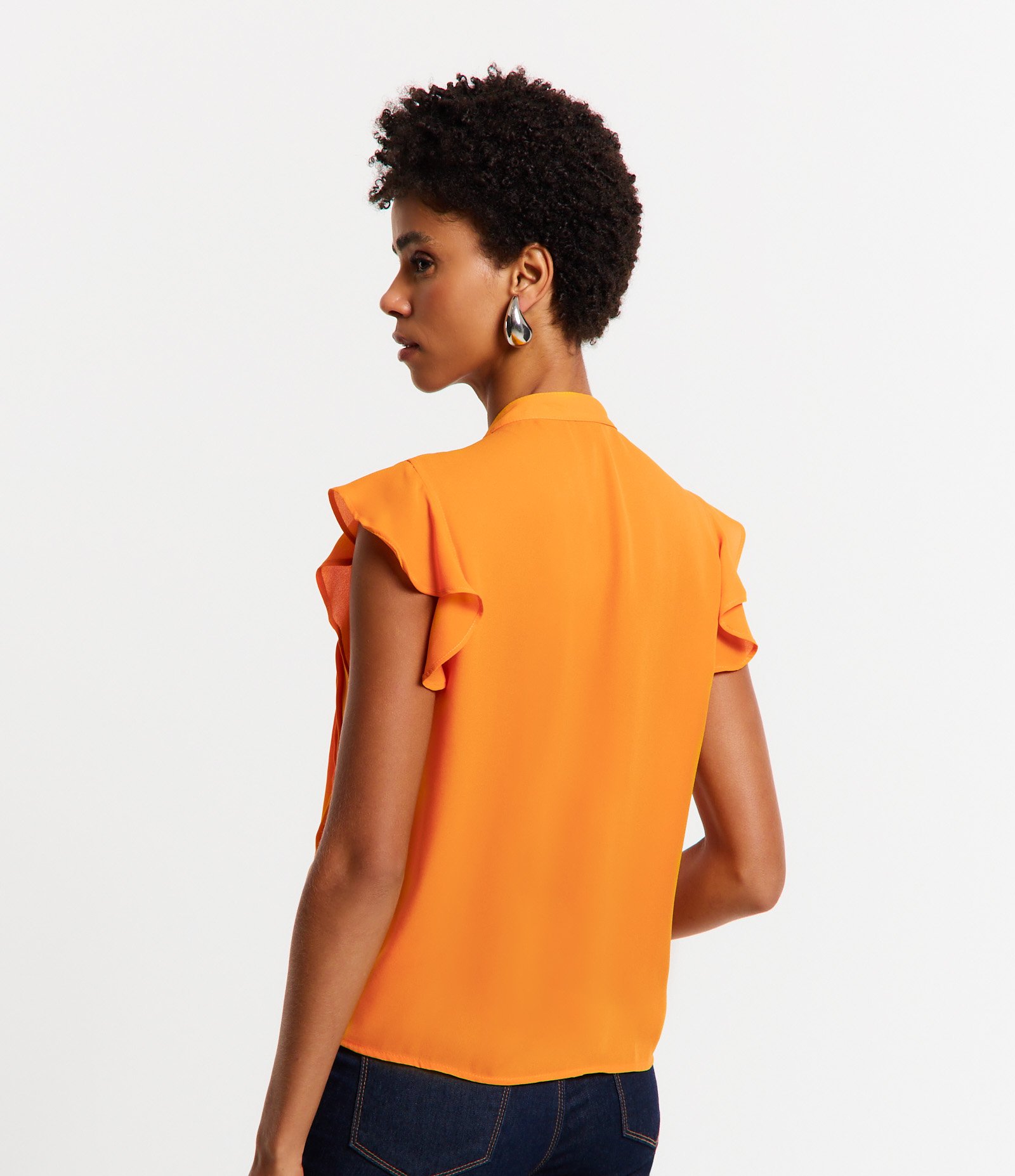 Camisa Sem Manga em Crepe com Babados e Pregas Laranja 5