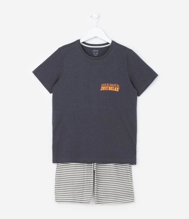 Pijama Infantil com Toque Suave e Estampa de Listras com Foguinho - Tam 5 a 14 anos
