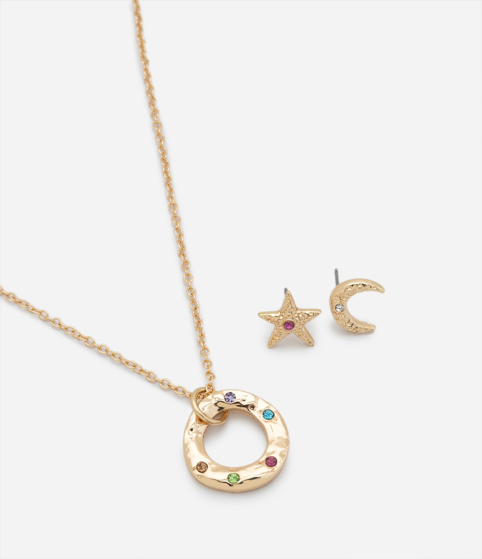 Conjunto de Colar e Brinco com Formato de Lua e Estrela com Strass Colorido Dourado 2