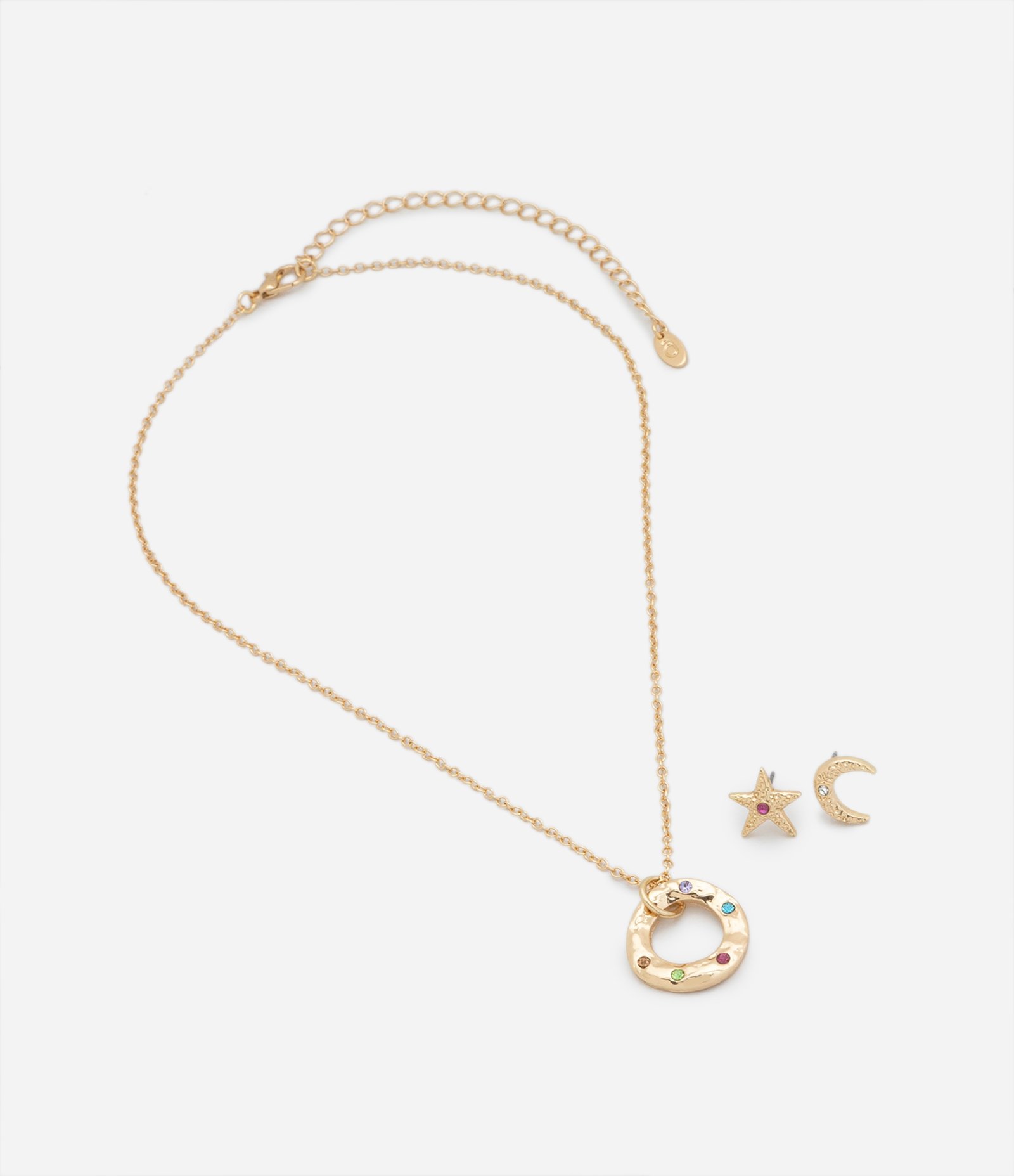 Conjunto de Colar e Brinco com Formato de Lua e Estrela com Strass Colorido Dourado 3