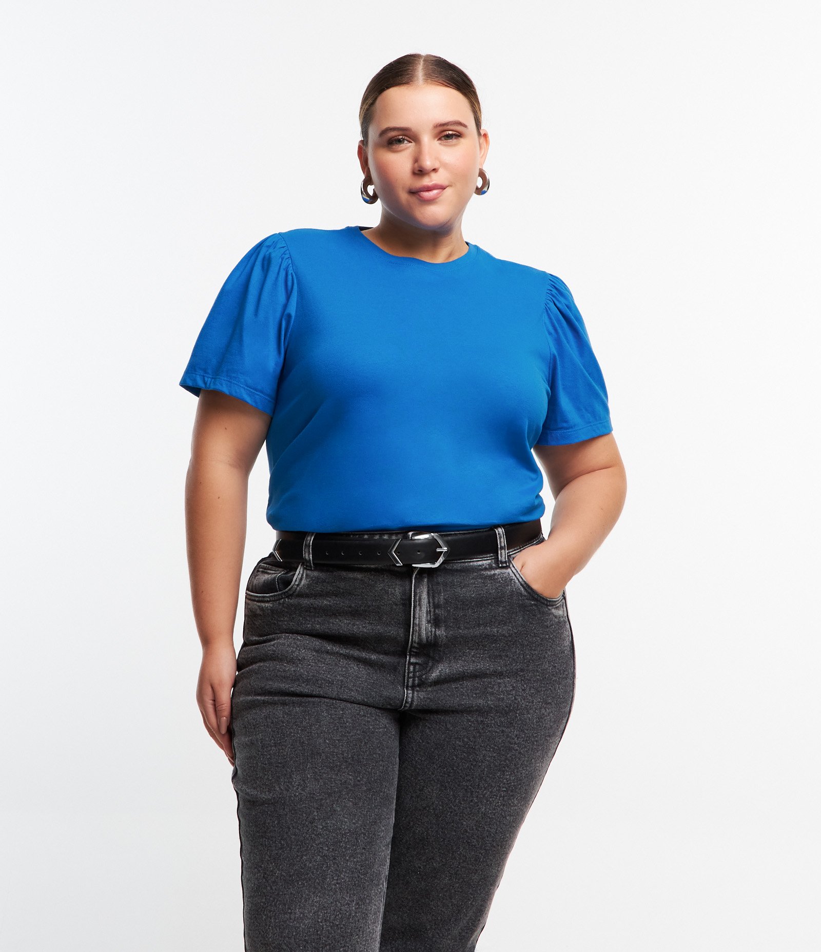 Blusa em Algodão com Manga Bufante Curve & Plus Size Azul 1