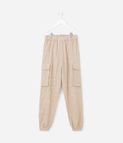Calça Jogger Infantil com Bolsos Cargo e Bordado Floral de Broderie - Tam 5 a 14 anos
