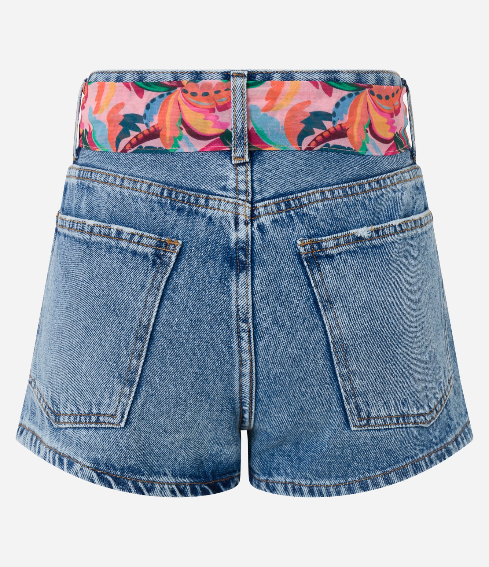 Short em Jeans com Cinto Lenço com Coqueiros Estampados Azul 5