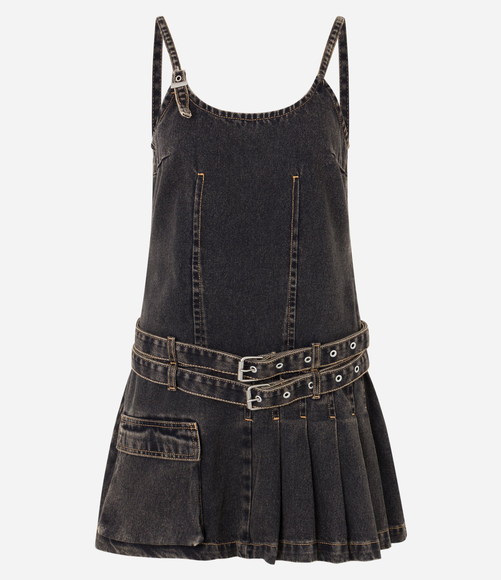 Vestido Curto em Jeans com Pregas e Cinto Preto 6