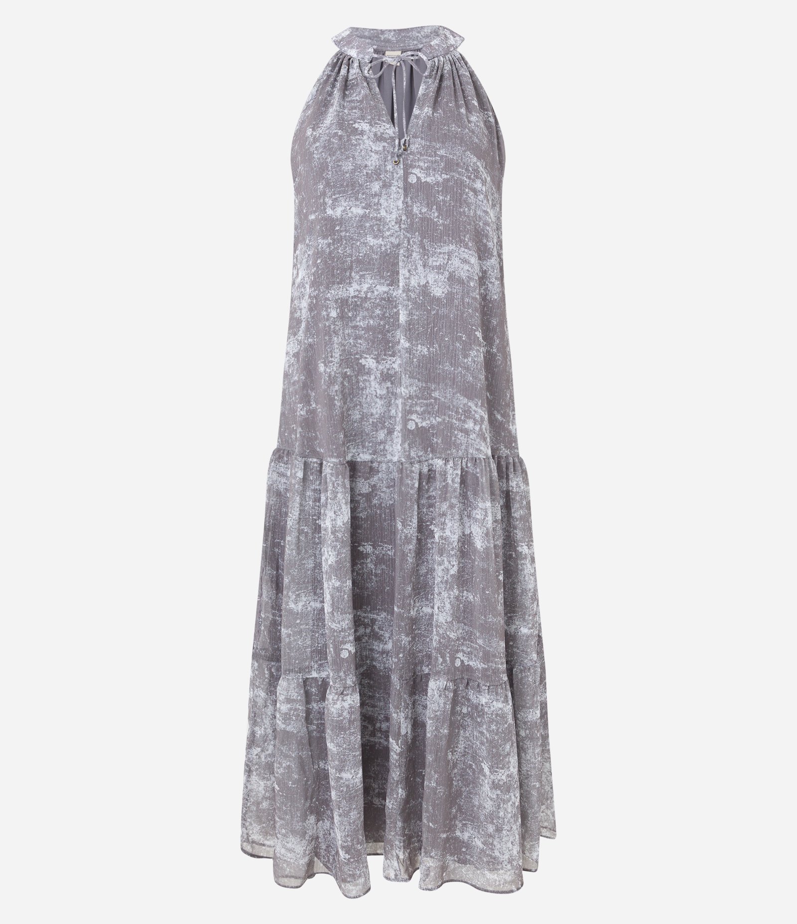 Vestido Midi em Chiffon com Amarração na Gola e Recorte Franzido na Saia Cinza 6