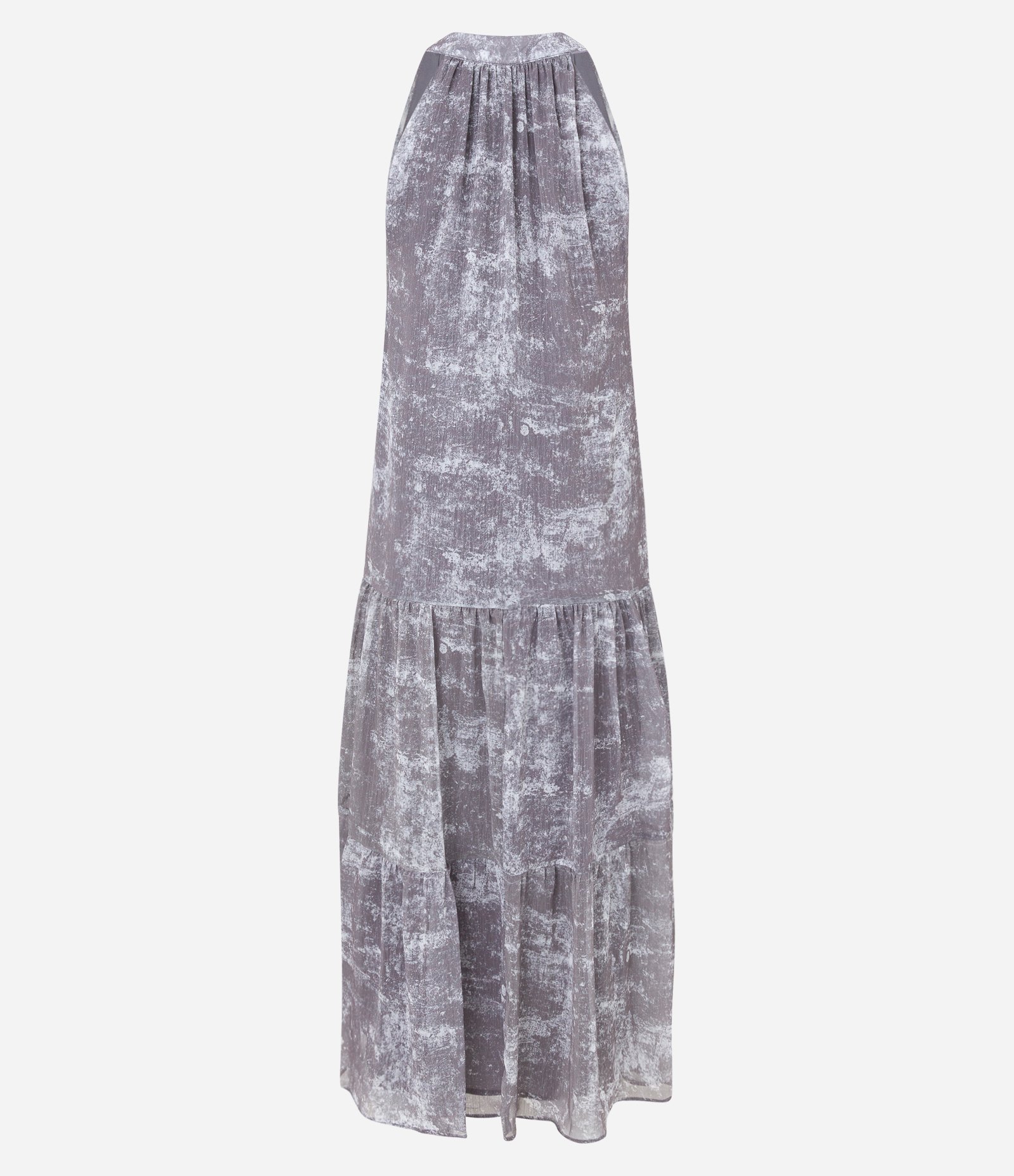 Vestido Midi em Chiffon com Amarração na Gola e Recorte Franzido na Saia Cinza 8